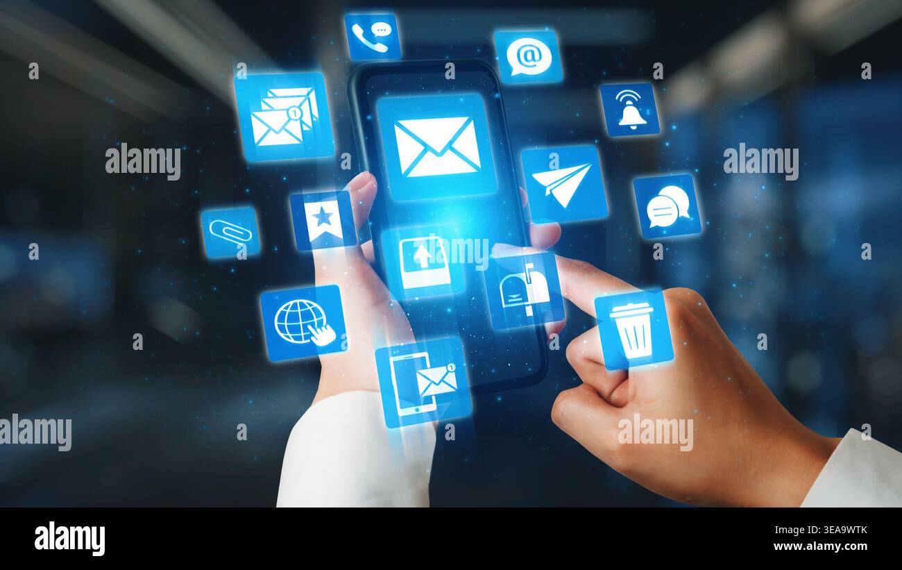 Le icone e-mail mostrano le comunicazioni digitali, il servizio e-mail e la gestione della posta in arrivo. E-mail supporta la messaggistica online, la notifica e-mail e lo scambio sicuro Foto Stock