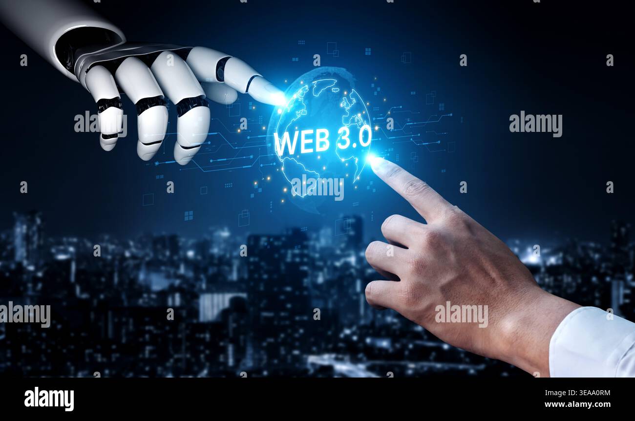 Un assistente ai opera sulla piattaforma Web 3,0. Questa tecnologia intelligente utilizza la rete globale decentrata e la blockchain per garantire la sicurezza Foto Stock