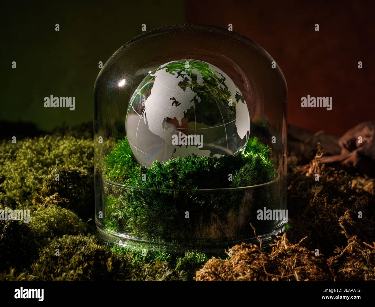 Globo terrestre sotto la cupola di vetro sul muschio verde accanto alle texture marroni asciutte, simboleggiando l'equilibrio climatico, la protezione ambientale e la crisi di sostenibilità Foto Stock