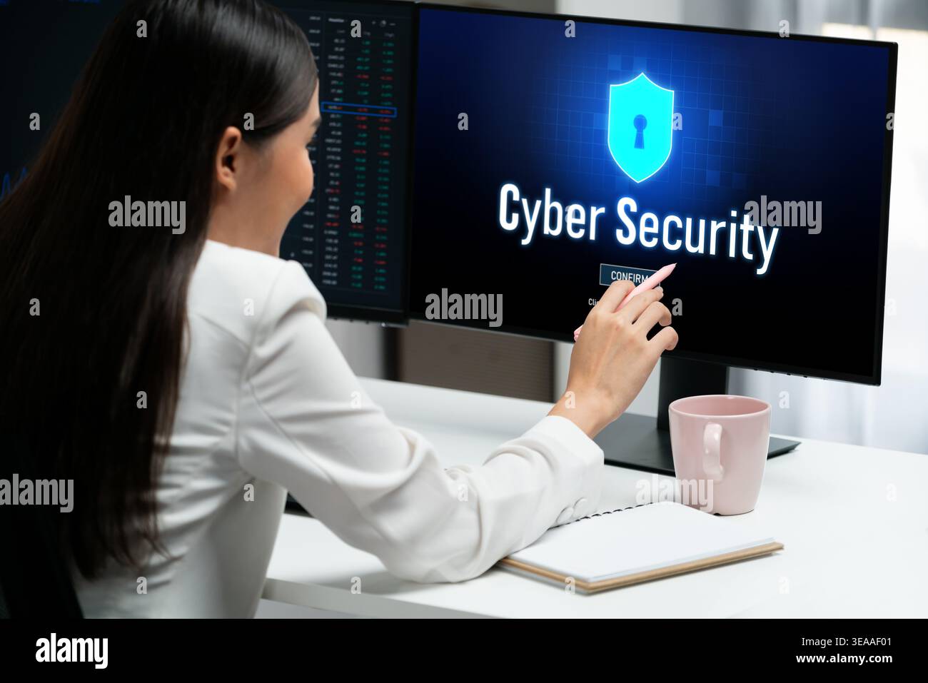 Il sistema di sicurezza informatica sullo schermo del computer protegge le informazioni private dai pirati informatici e dagli attacchi informatici Foto Stock