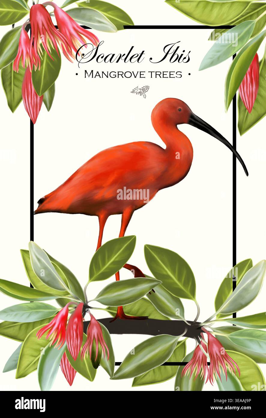 Estratto di vaniglia, olio essenziale. Bottiglia con olio aromatico, baccelli di vaniglia e fiori con colibrì. Disegnato a mano. Foto Stock