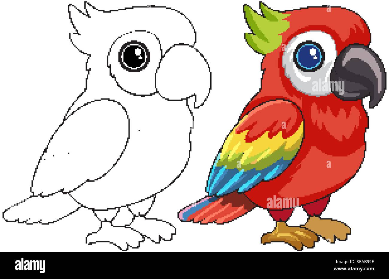 La colorata illustrazione del pappagallo rosso macaw include una versione con contorno in bianco e nero Illustrazione Vettoriale