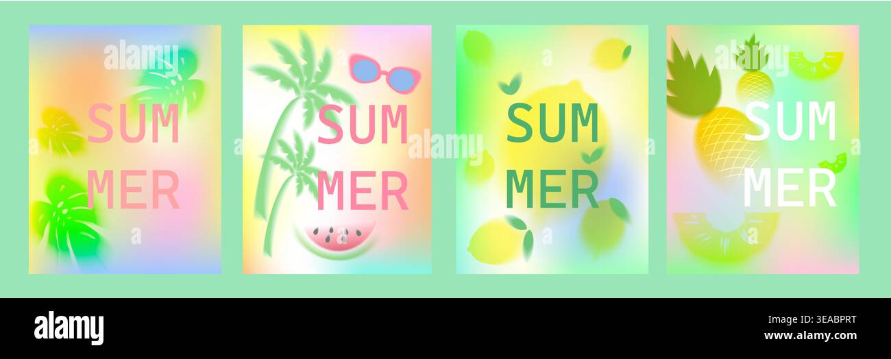 Vivaci opere d'arte a tema estivo con frutti tropicali, palme e disegni di testo colorati Illustrazione Vettoriale