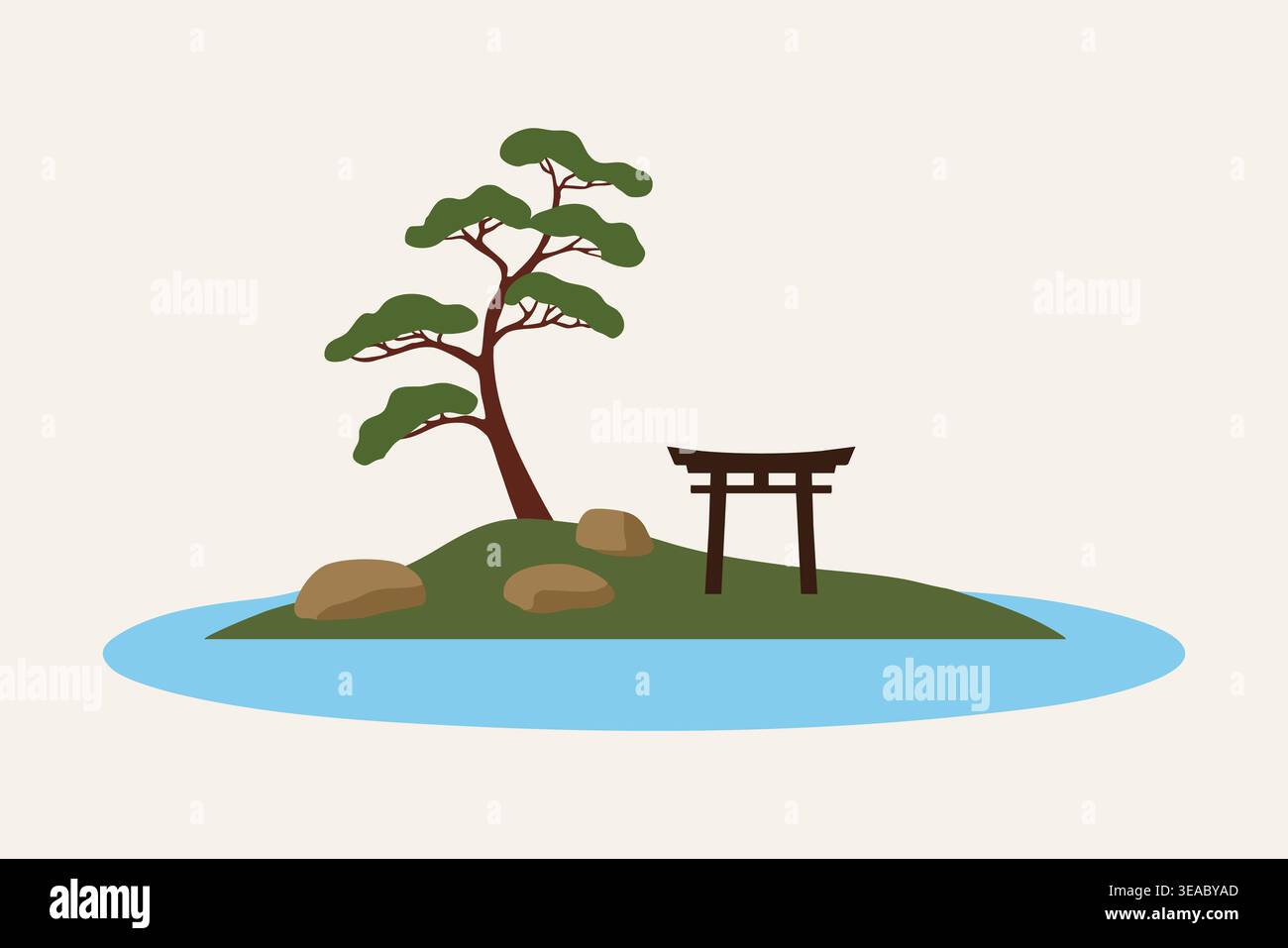 Una piccola isola isolata circondata dall'acqua, caratterizzata da rocce arboree curve e da una semplice porta torii. Illustrazione Vettoriale