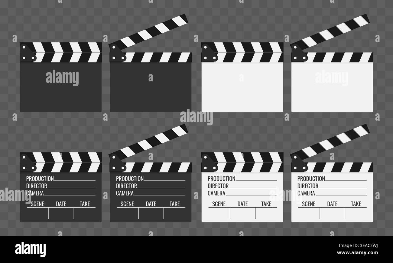Tabella vettoriale del filmato su sfondo a scacchi. Ardesia di produzione cinematografica con avambracci aperti e chiusi, versioni vuote e dettagliate Illustrazione Vettoriale