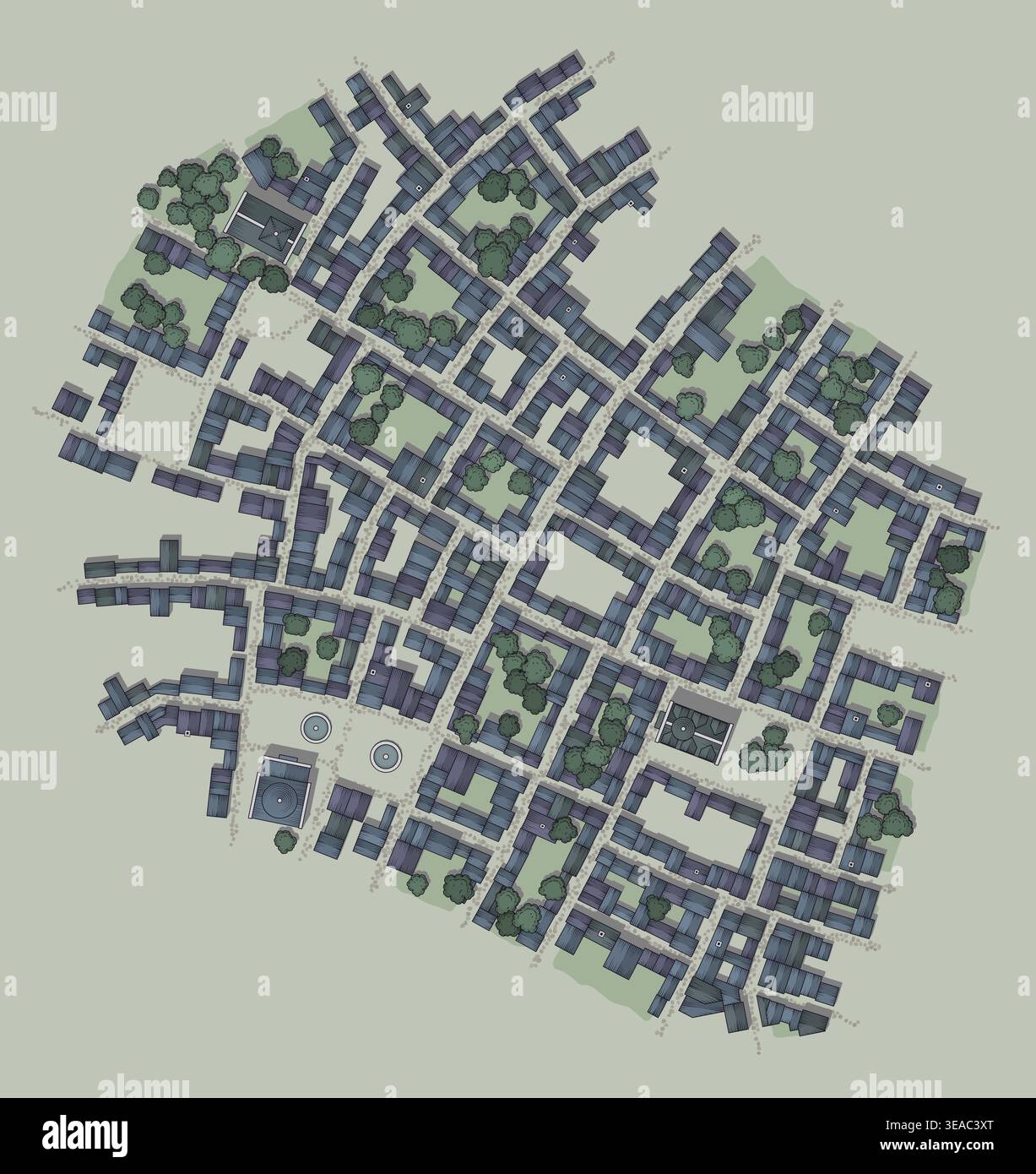 Illustrazione isometrica stilizzata della mappa della città ispirata agli ambienti Dungeons e Dragons, con edifici dettagliati, strade e cortili Illustrazione Vettoriale