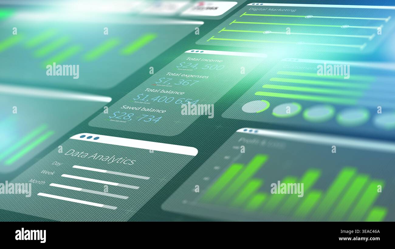 Il grafico aziendale digitale visualizza l'analisi dei dati e le informazioni finanziarie in un layout chiaro Foto Stock