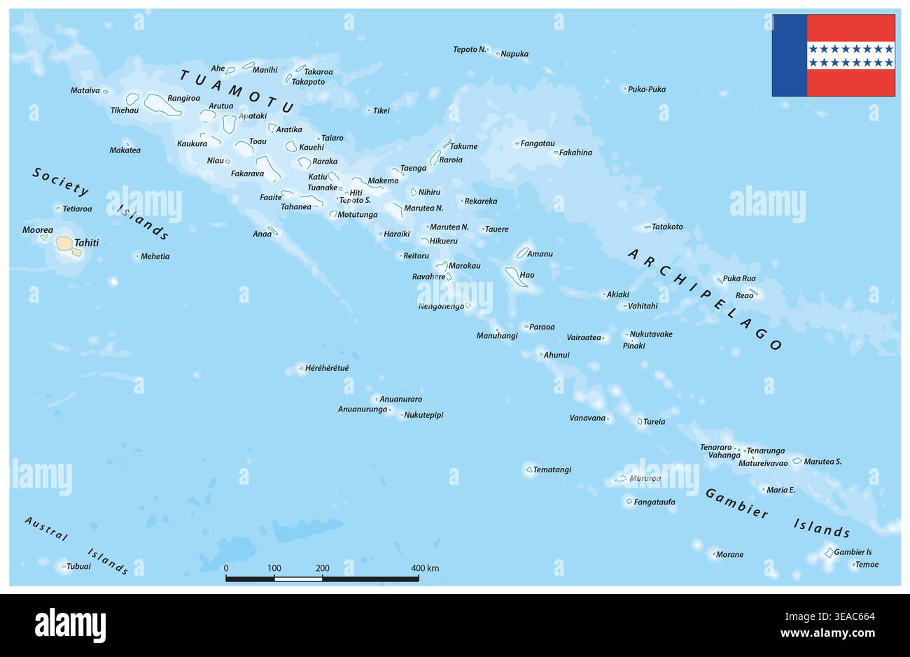 Mappa dell'arcipelago Tuamotu nel Pacifico meridionale, Polinesia francese Foto Stock