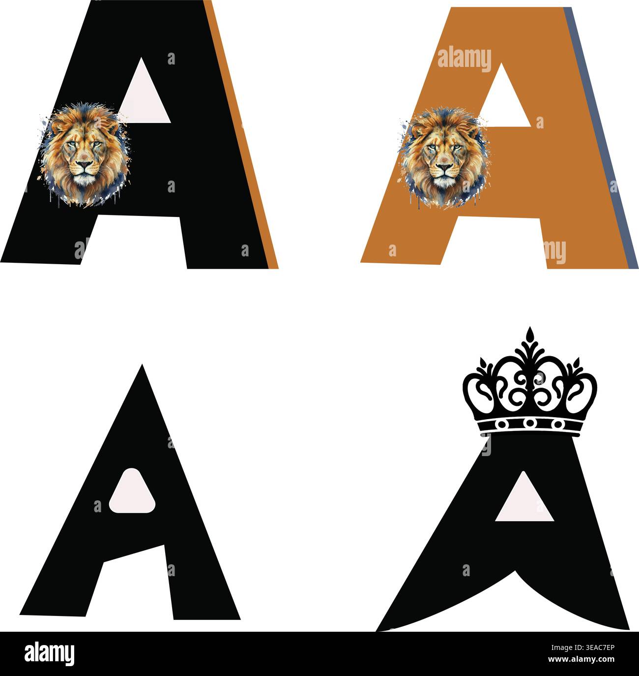 Set Luxury Letter A con logo con testa di leone e simbolo a corona, elegante collezione di design con caratteri alfabetici su sfondo bianco Illustrazione Vettoriale