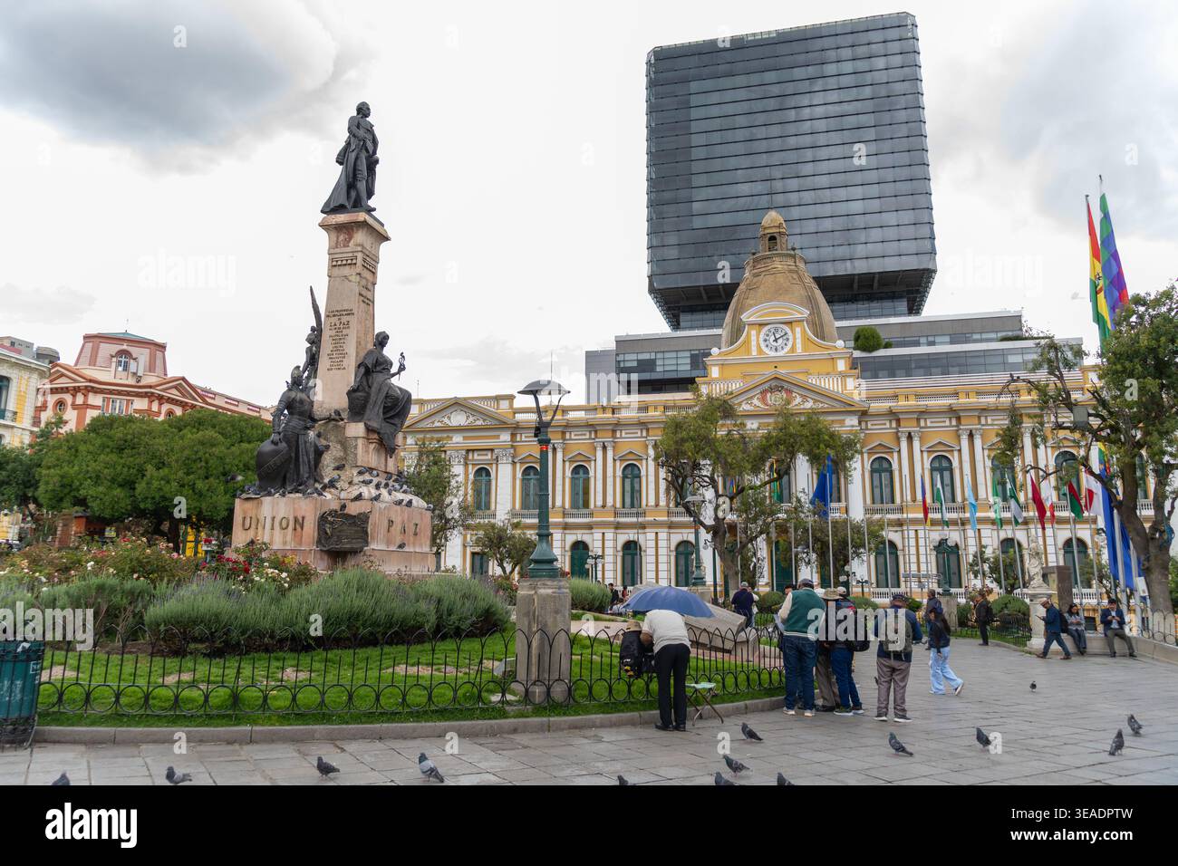 Plaza Murillo Vista panoramica Palazzo legislativo Monumento dell'Unione la Paz Bolivia Foto Stock