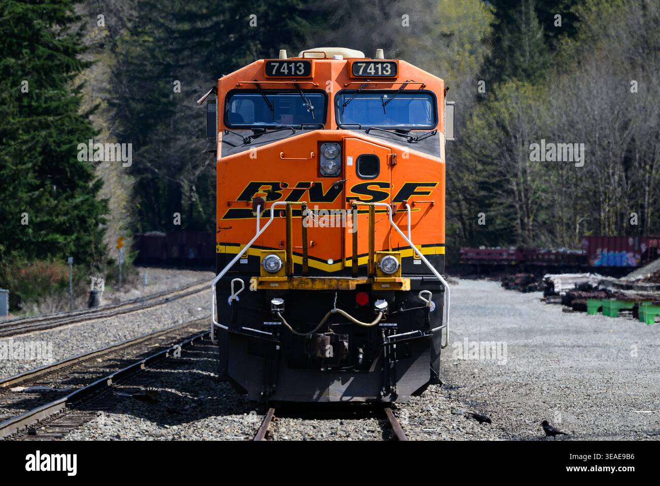 Skykomish, WA, Stati Uniti d'America - 17 aprile 2026; locomotiva merci arancione BNSF con logo Swoosh vista frontale Foto Stock