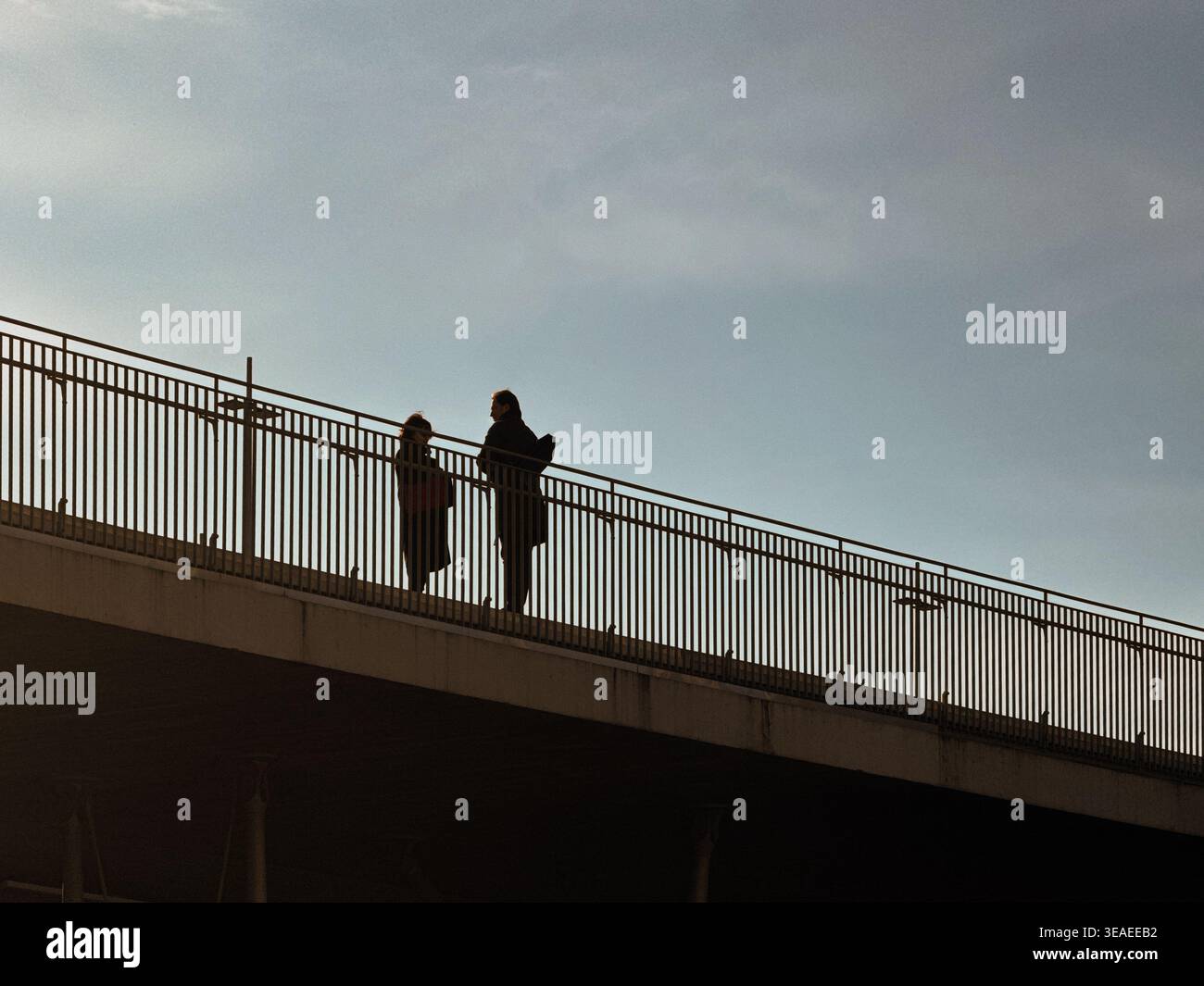 Due persone irriconoscibili in piedi insieme su un ponte contro un ampio cielo aperto, che mostrano connessione, libertà e stile di vita all'aperto - Immagine stock catturata con smartphone