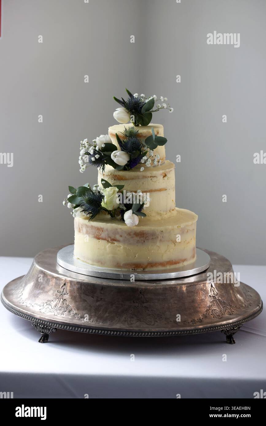 Una torta nuziale raffigurata in un giorno di nozze nell'Hampshire, Regno Unito. Foto Stock