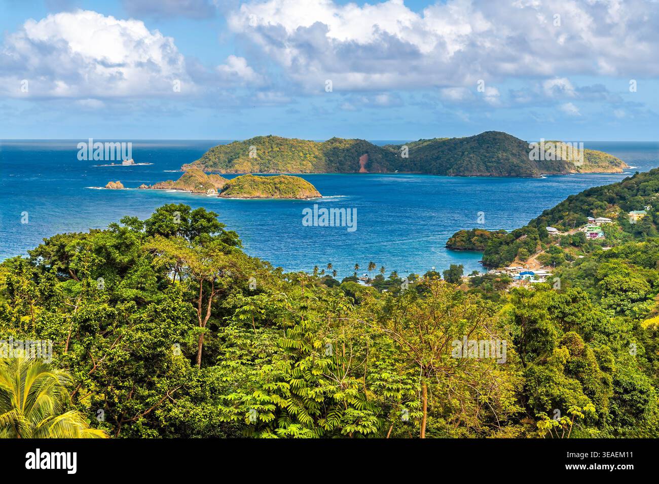 Una vista verso Goat Island e Little Tobago al largo della costa nord-orientale di Tobago in un giorno luminoso a gennaio Foto Stock