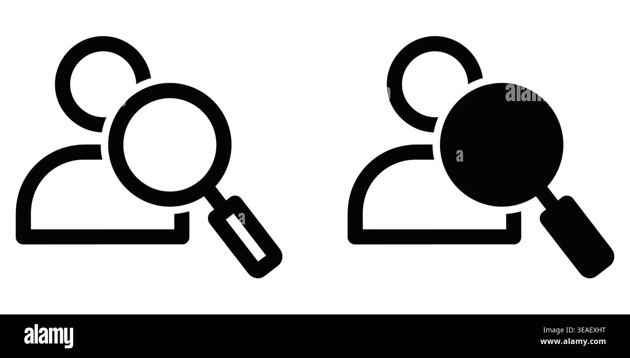 Comprensione della rappresentazione simbolica di Privacy e sicurezza attraverso gli occhiali da ingrandimento sulle silhouette icone di contatto vettoriale Illustrazione Vettoriale