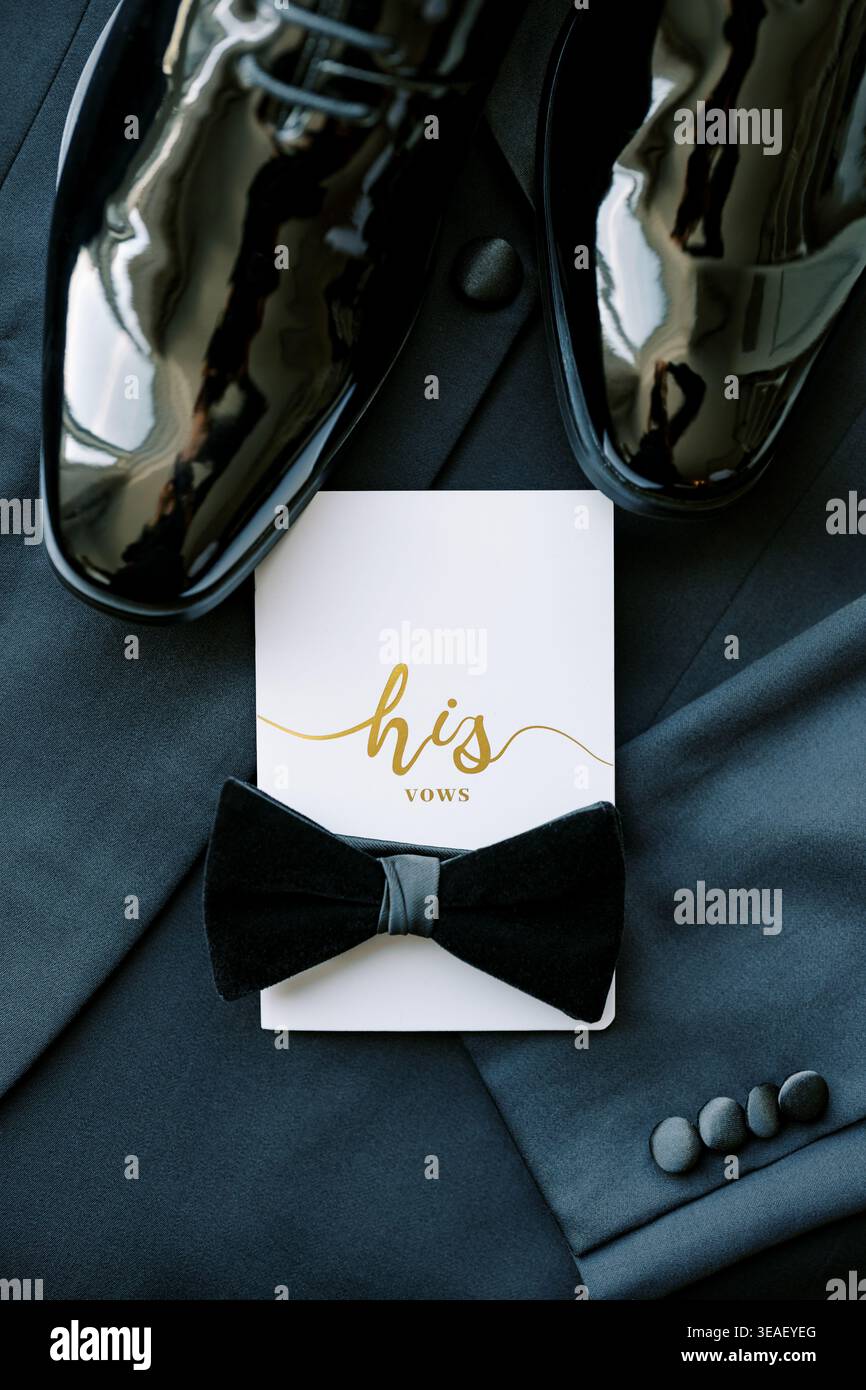 Elegante abbigliamento da sposo. Raffinati abiti da sposa che mettono in mostra eleganza e un'atmosfera sobria e lussuosa Foto Stock