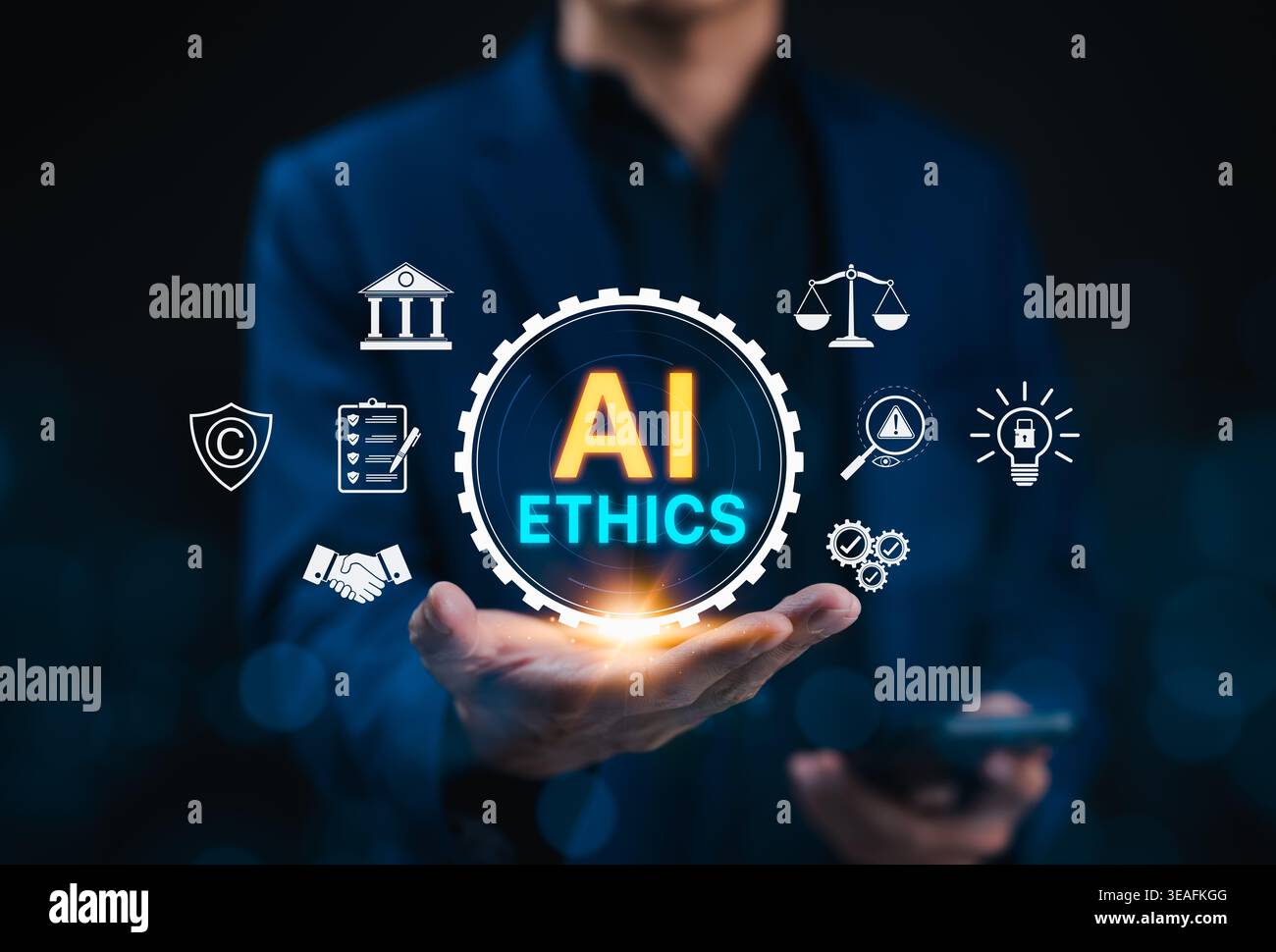 Concetto di etica DELL'INTELLIGENZA ARTIFICIALE. Persona che presenta intelligenza artificiale responsabile con icone legali, di conformità, privacy, audit, governance. Intelligenza artificiale affidabile, Foto Stock