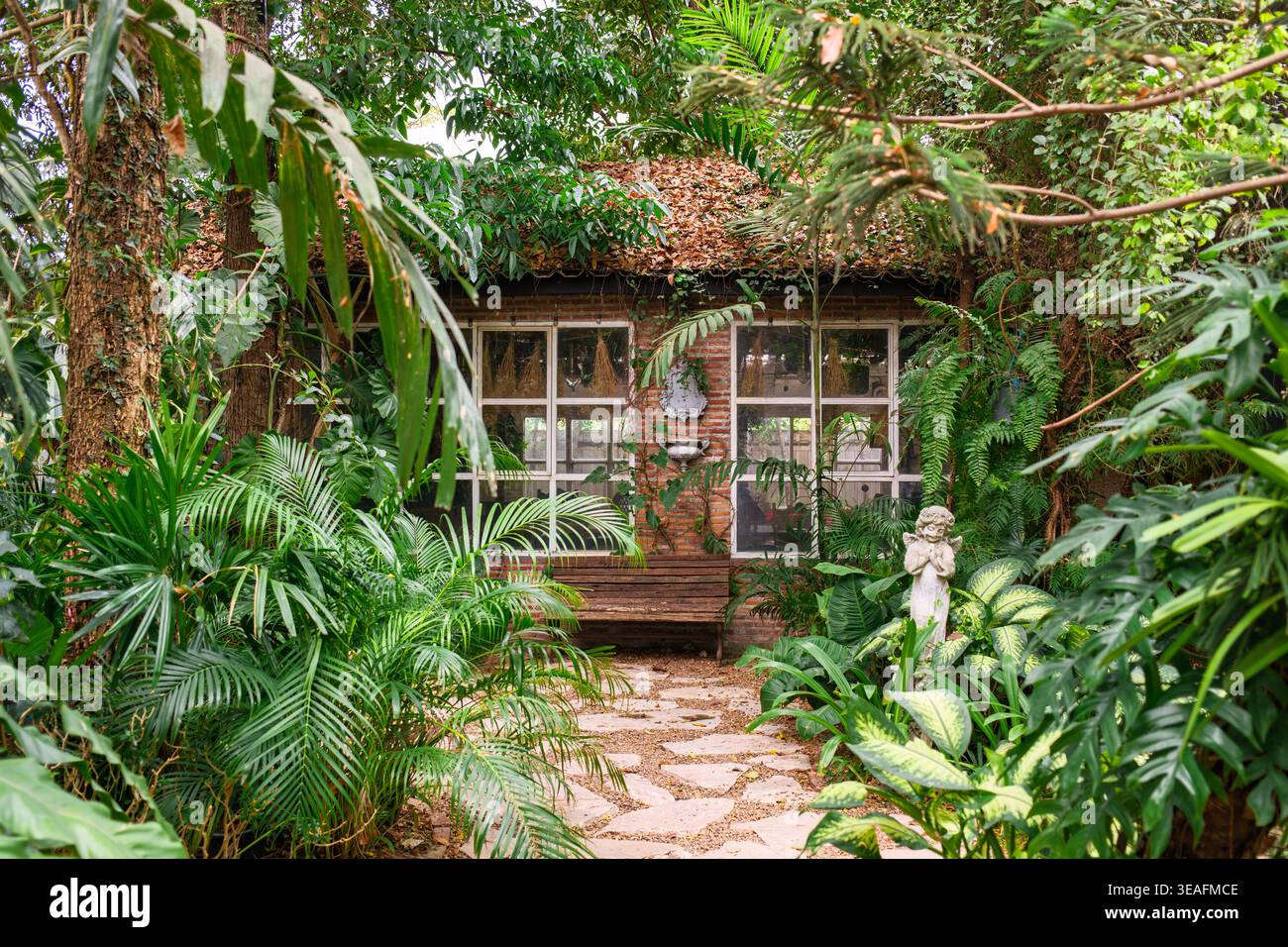 Rustica casa in mattoni con panchina in legno, statua circondata da fitte piante tropicali e vegetazione Foto Stock
