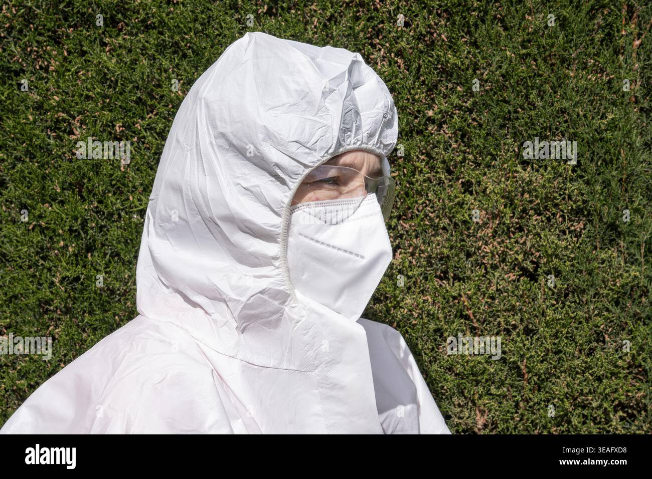 Ritratto ravvicinato di una donna che indossa una tuta bianca, maschera facciale FFP2 e occhiali protettivi su uno sfondo verde siepe. Foto Stock