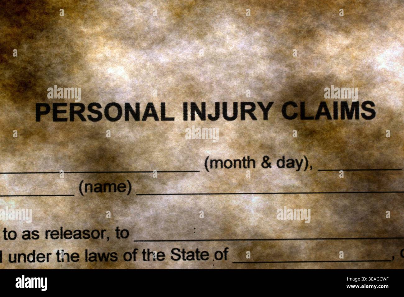 Documento legale relativo alle richieste di risarcimento per lesioni personali su sfondo Vintage Grunge Foto Stock