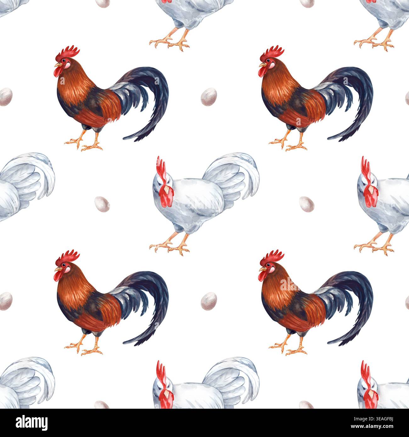 Acquerello fatto a mano con motivo senza cuciture raffigurante pollame da fattoria, galli marroni e bianchi. Il design è completato da piccole uova su un bianco puro Foto Stock