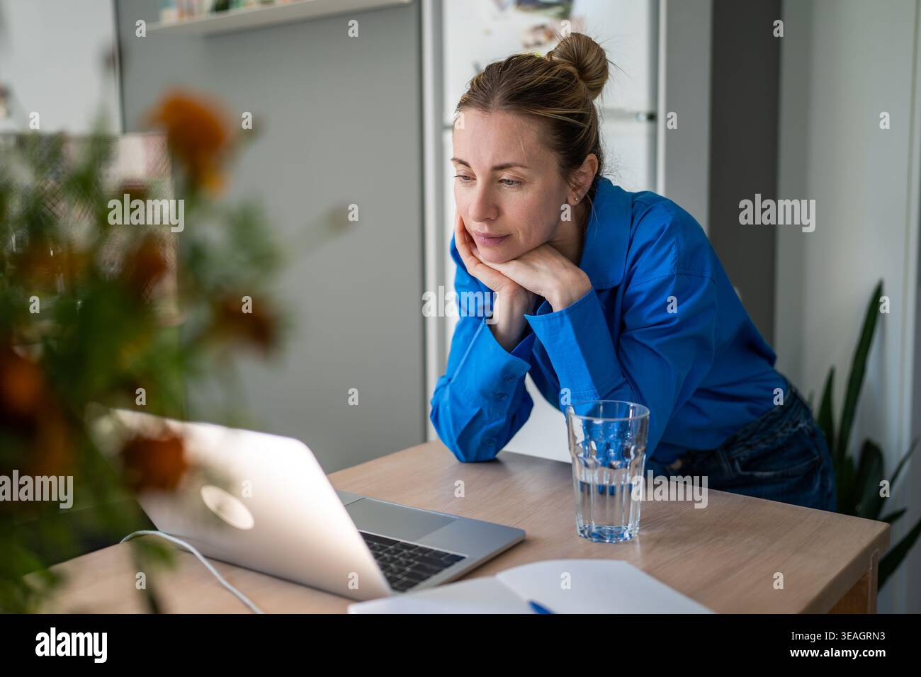 Donna matura premurosa impegnata in un processo di autoapprendimento online su un notebook a casa in cucina. Foto Stock