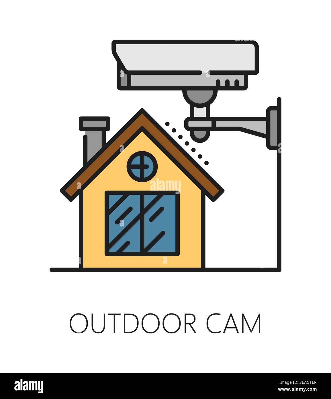 Icona o pittogramma della linea dei colori della videocamera per esterni per la sicurezza domestica. Tecnologia di protezione della casa icona vettoriale lineart, segnale di servizio di sicurezza. Simbolo della società di sicurezza con telecamera di sorveglianza e casa di villetta Illustrazione Vettoriale