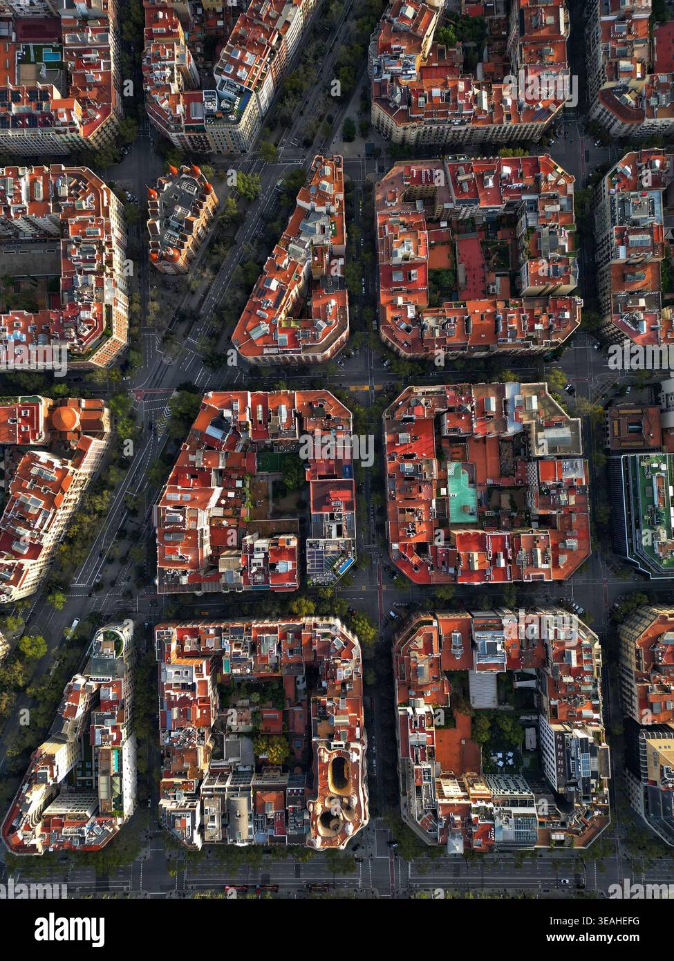 Vista aerea degli iconici isolati ottagonali della città del quartiere Eixample con tetti rossi e cortili interni Barcellona, Catalogna, Spagna. Foto Stock