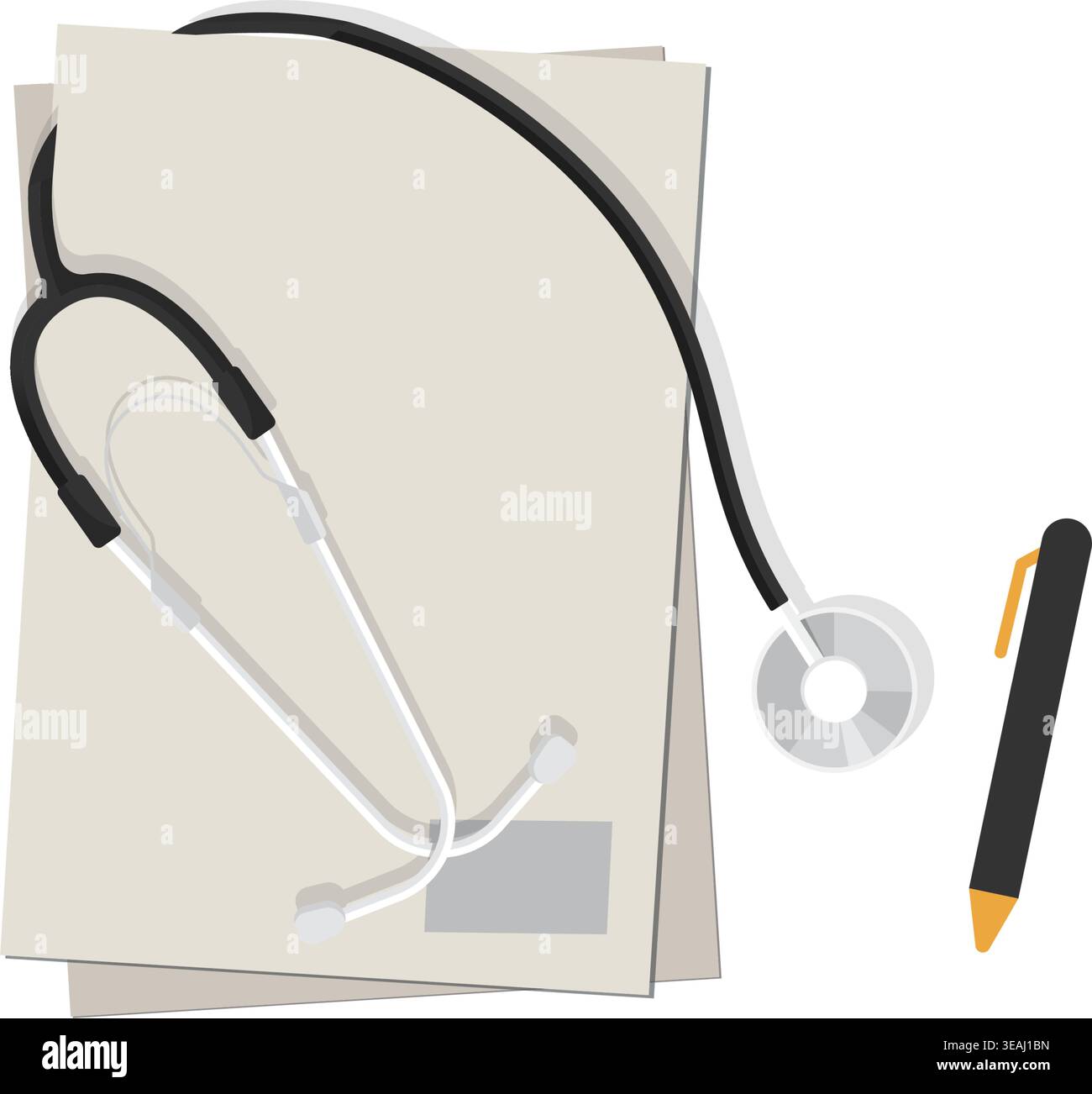 Un'illustrazione vettoriale pulita con una cartella medica, uno stetoscopio professionale e una penna su sfondo bianco. Illustrazione Vettoriale