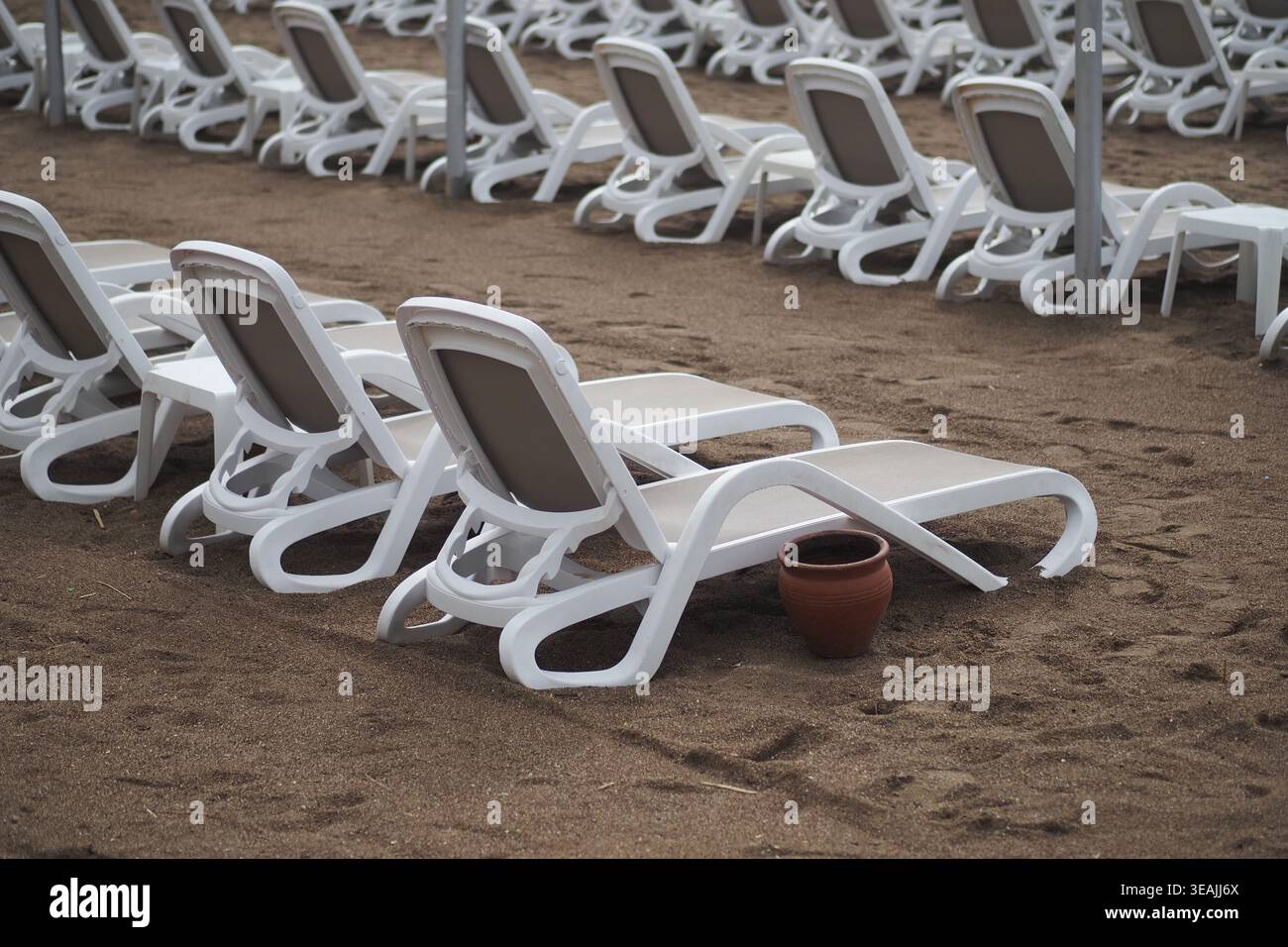 Sedie a sdraio vuote sulla spiaggia sabbiosa di un resort Foto Stock