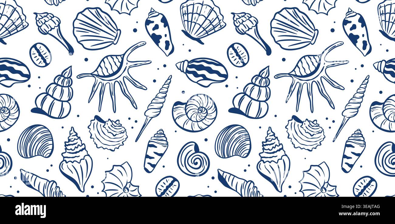 Stampa a mano di conchiglie e molluschi in stile mediterraneo. Creature oceaniche sottomarine, illustrazioni blu scuro su sfondo bianco. Marino Illustrazione Vettoriale