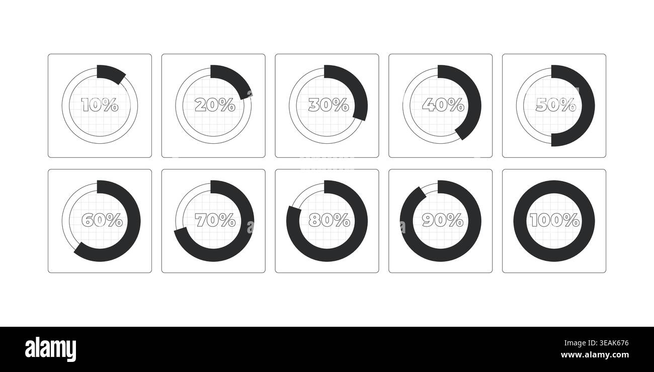Progresso circolare con livelli percentuali da 10 a 100 elementi di visualizzazione dati stile linea moderna Illustrazione Vettoriale