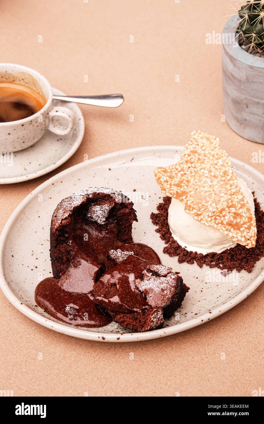 Presentazione del dessert decadente. Torta al cioccolato vellutata accompagnata da biscotti croccanti e gelato freddo Foto Stock
