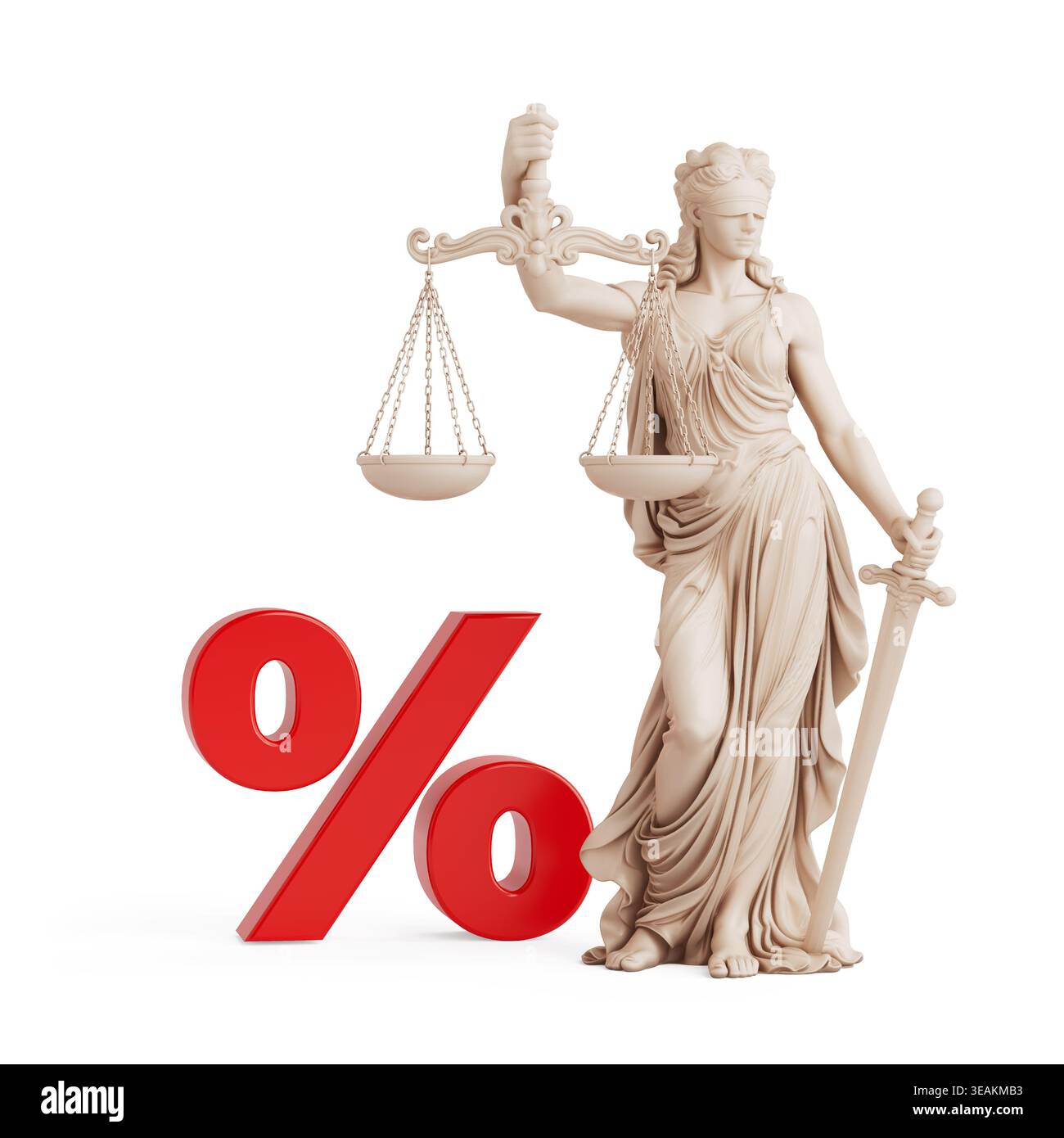 Diritto tributario e concetto di regolamentazione legale. Statua di Femida con scale Spada e simbolo percentuale su sfondo bianco. Rendering 3d. Foto Stock