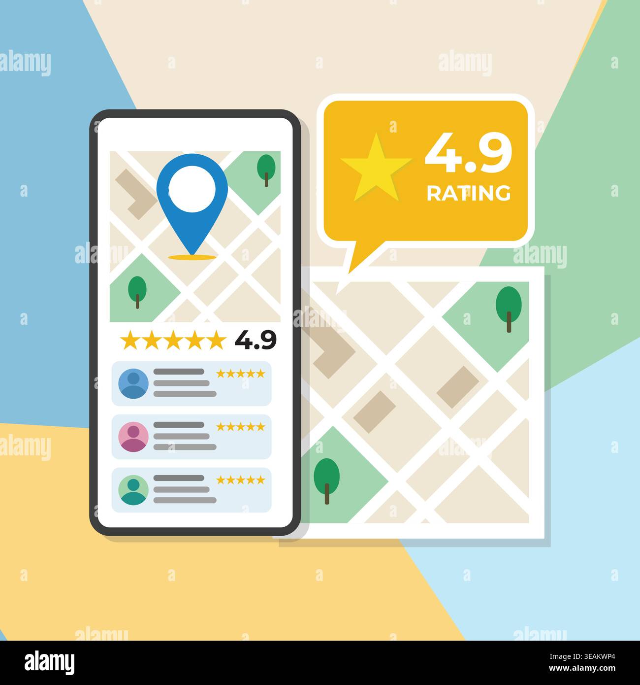 Immagine vettoriale piatta di un'app mobile che mostra la posizione della mappa, le recensioni degli utenti e la valutazione a 4,9 stelle, che rappresenta la navigazione, il feedback e la base della posizione Illustrazione Vettoriale