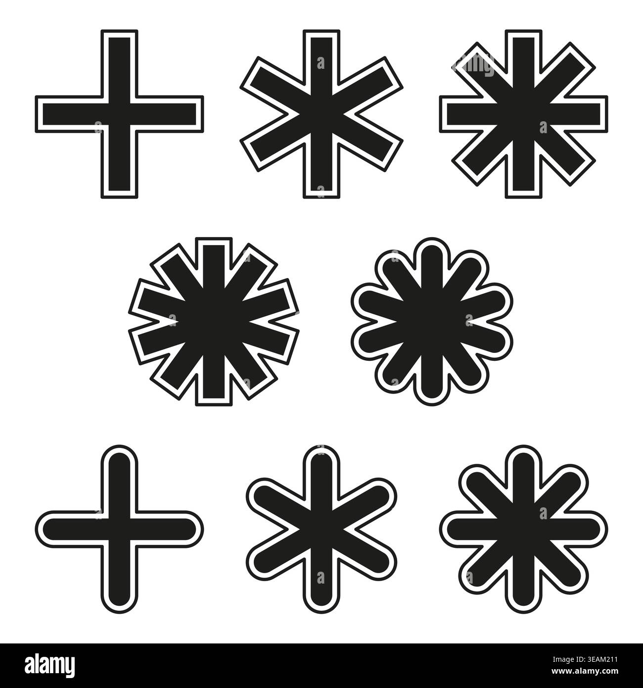 Una collezione vettoriale di simboli più e asterischi, con bordi affilati, arrotondati e ondulati per un uso versatile. Illustrazione Vettoriale