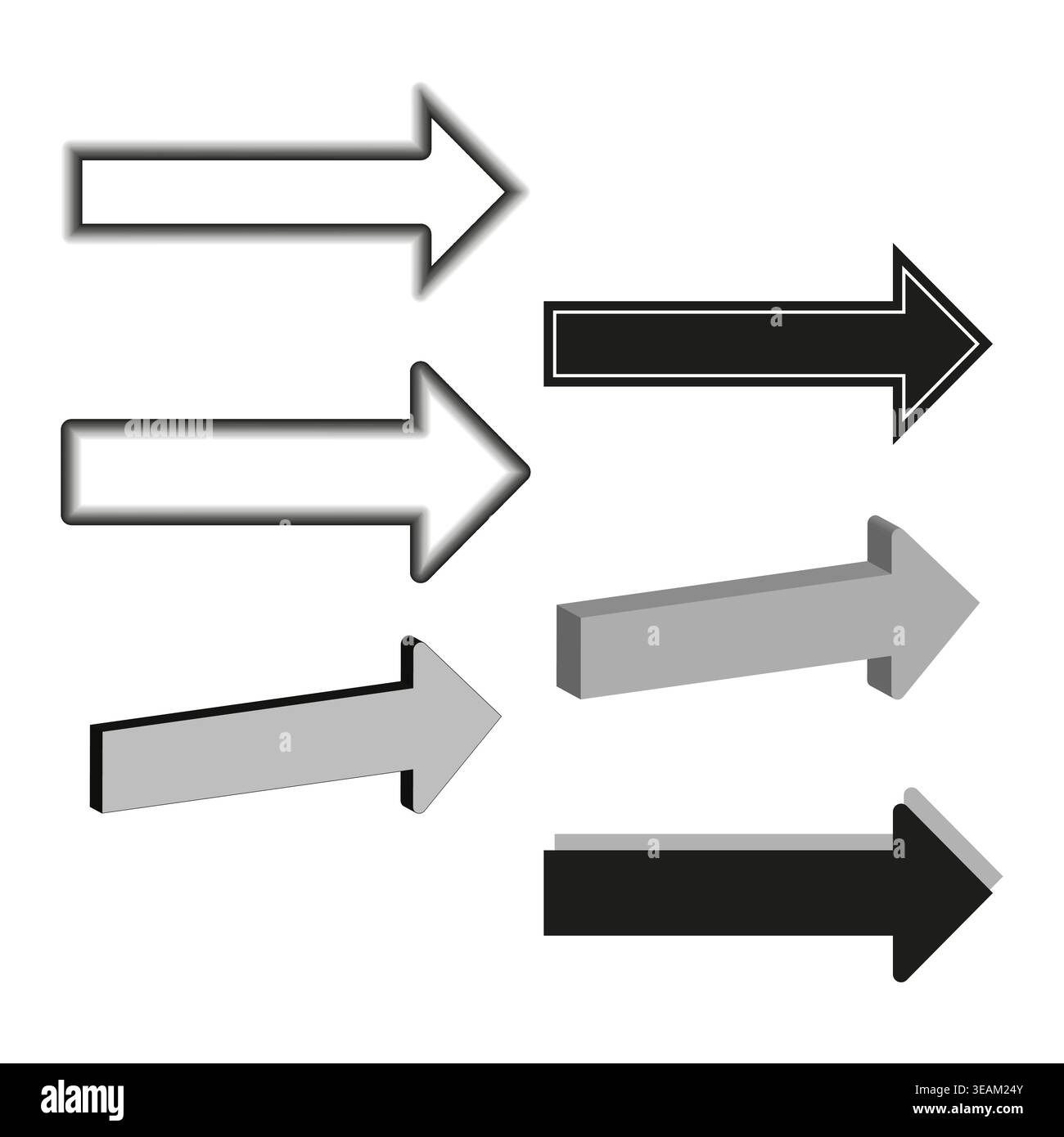 Una moderna collezione Vector di frecce rivolte a destra in vari stili contemporanei per l'interfaccia utente e gli elementi di design direzionali. Illustrazione Vettoriale