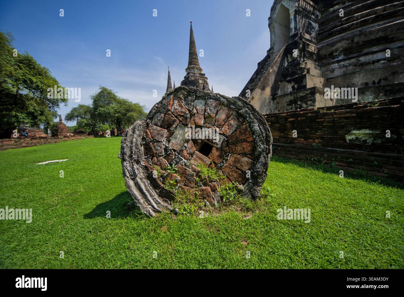 Statua di Buddha in pietra decapitata con grandi radici di alberi che crescono intorno a Wat Mahathat, Ayutthaya, Thailandia, un simbolo iconico della natura e della fede. Foto Stock