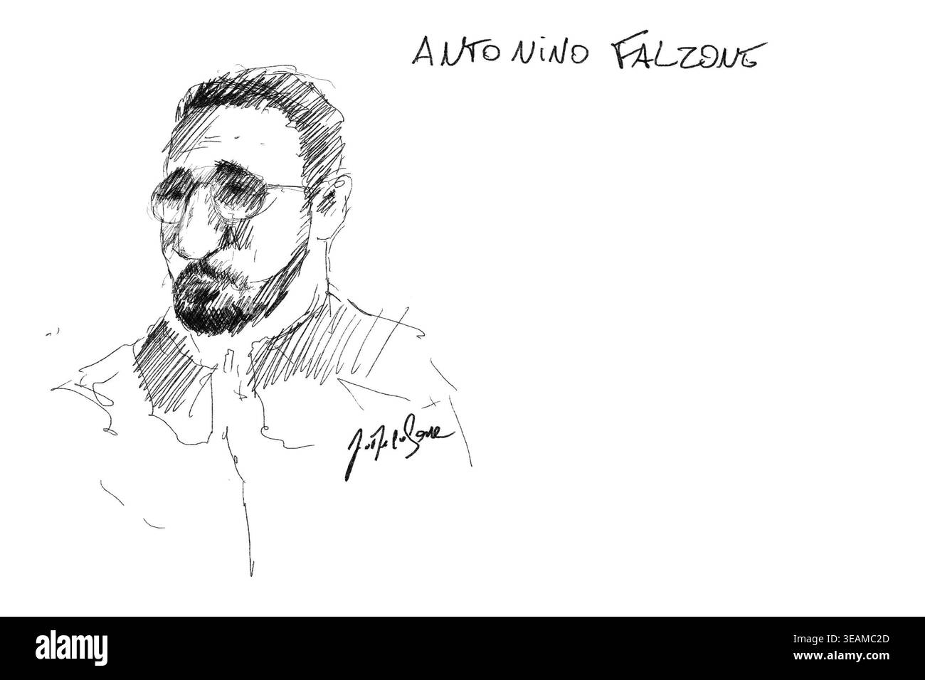 Questo disegno di Jonathan De Cesare mostra l'accusato Antonio Falzone alla composizione della giuria per il processo di P. e A. Falzone, alla Corte d'appello di Mons, giovedì 23 aprile 2026. Il processo ai due cugini riguarda la tragedia del 2022 a Strepy-Bracquegnies, dove un'auto arata in una sfilata di carnevale intorno alle 17:00. Sei persone sono morte sulla scena, e un settimo mese dopo in ospedale. P. Falzone è accusato di sette omicidi e 81 tentato omicidio. A. Falzone con mancata assistenza a una persona in pericolo. BELGA FOTO JONATHAN DE CESARE Foto Stock