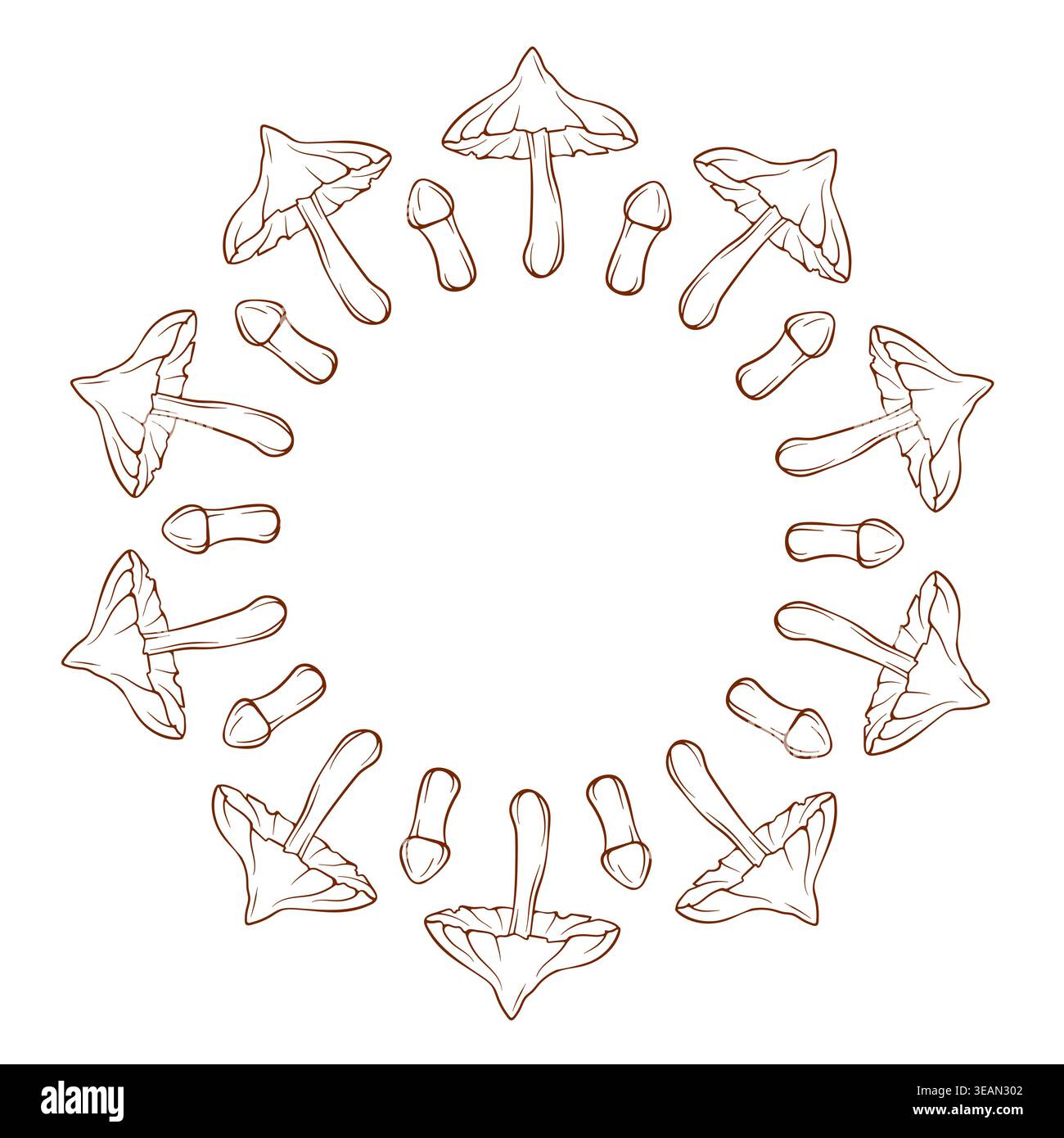 Corona di funghi con funghi immangiabili e micidiale berretto Webcap in stile art di linea. Illustrazione per design, elemento decorativo, telaio. Illustrazione Vettoriale