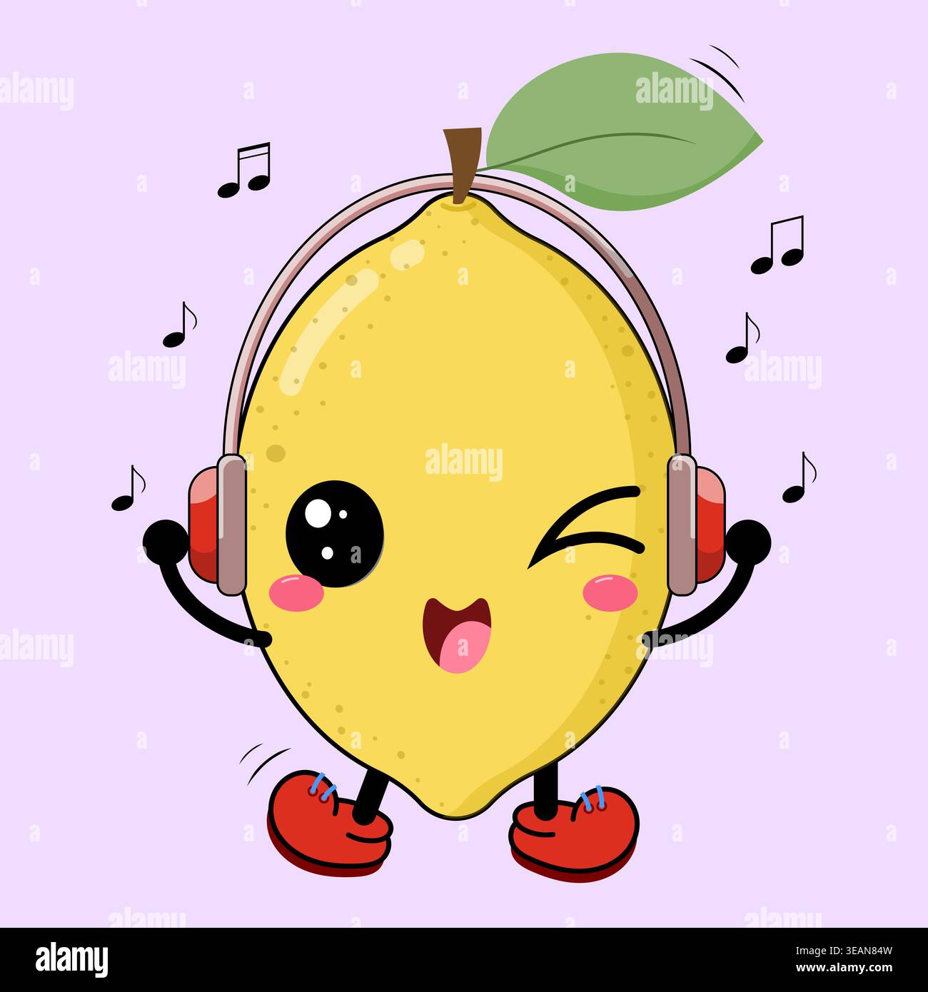 Illustrazione di carino divertente e dolce limone e cartoni animati Red Shoe che ascoltano musica felicemente tramite cuffie Illustrazione Vettoriale
