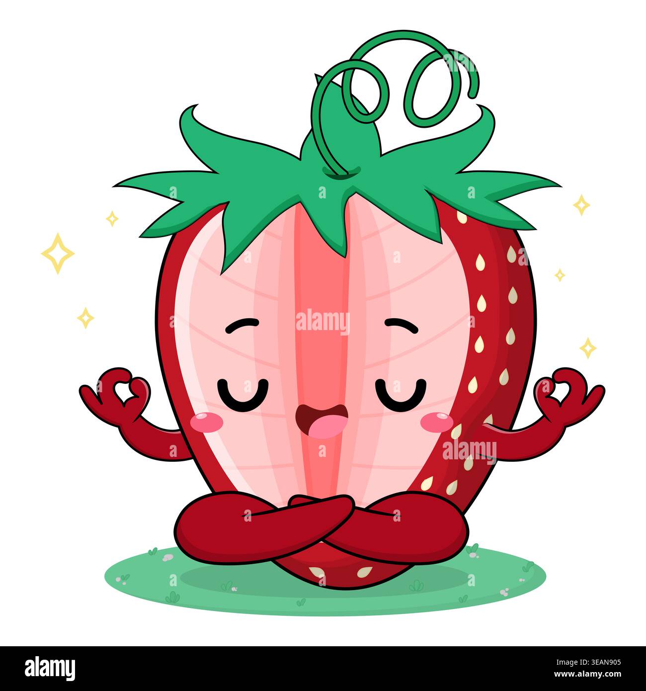 Simpatici e adorabili personaggi colorati del cartone animato di frutta della fragola rossa posano Yoga e meditazione per la pace Mindfulness rilassamento illustrazione Illustrazione Vettoriale