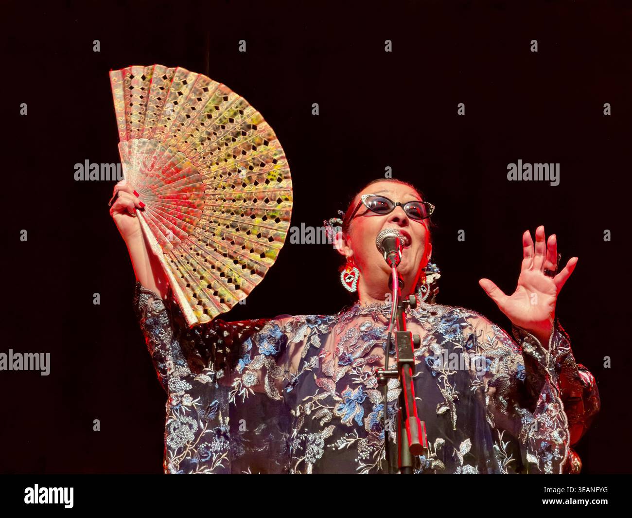 Il cantante spagnolo Martirio si esibisce con un fan palmare durante un concerto a Salamanca, Castilla y León, Spagna Foto Stock