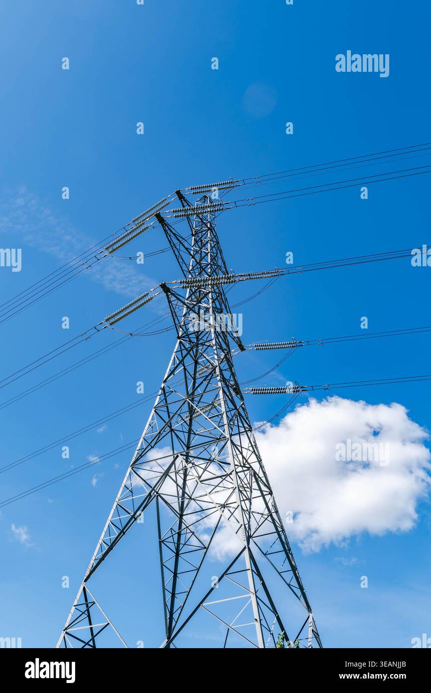 Vista verso l'alto di un alto pilone che trasporta cavi elettrici ad alta tensione Foto Stock