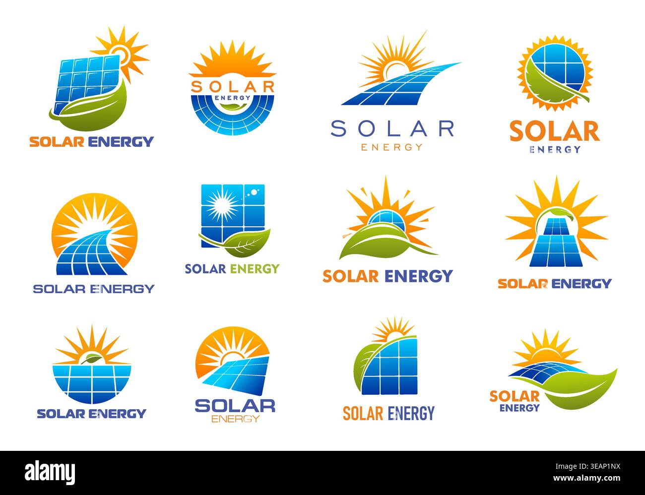 Icone della tecnologia dell'energia solare. Griglie a pannelli fotovoltaici blu con sole arancione radiante, scoppio di sole e foglie verdi come set di simboli della tecnologia rinnovabile. Segnaletica isolata della società di energia solare verde Illustrazione Vettoriale