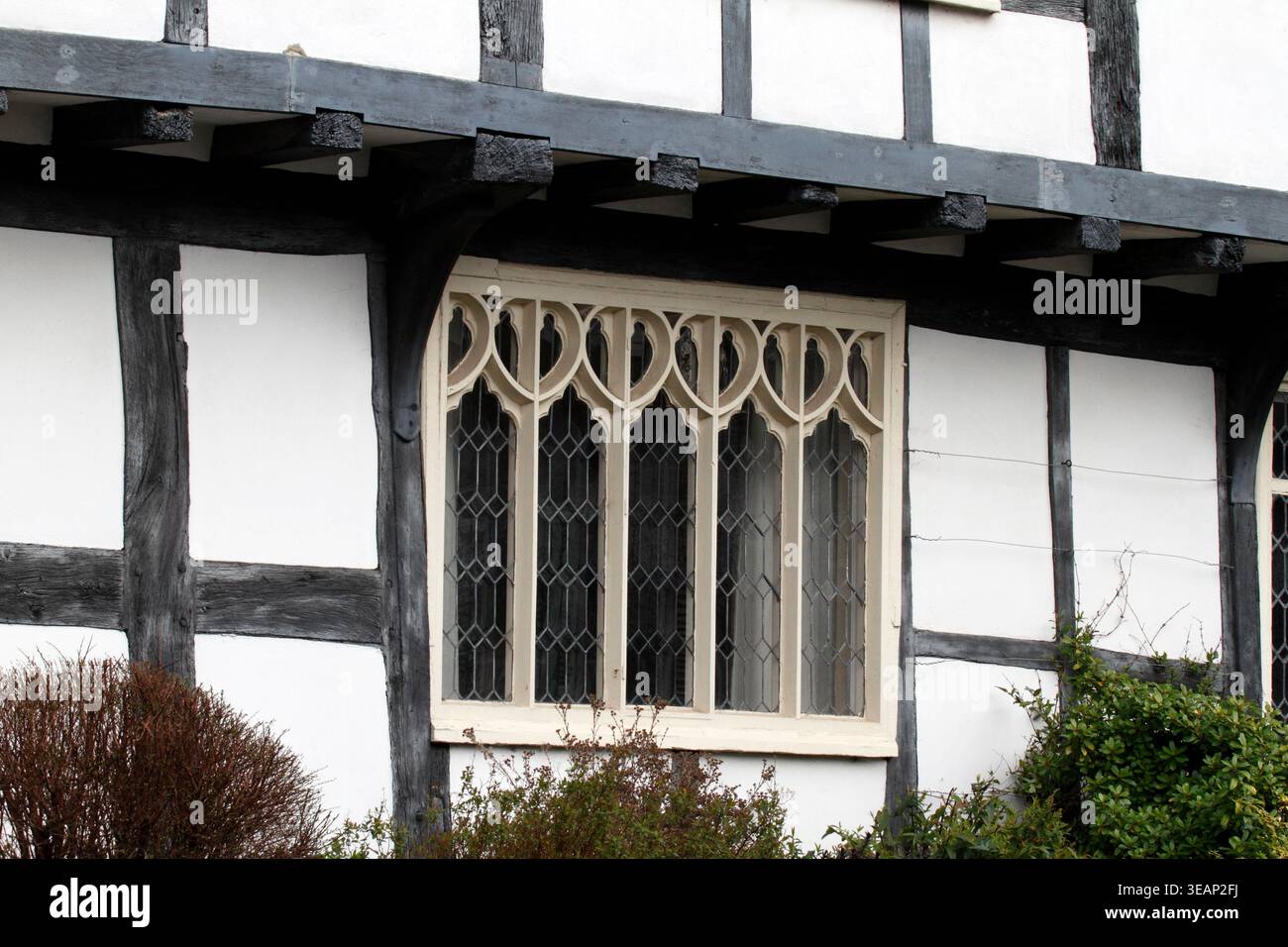 Finestre decorative Tudor a Weobley, Herefordshire, Regno Unito, ambientazione per il film nominato agli Oscar, Hamnet Foto Stock