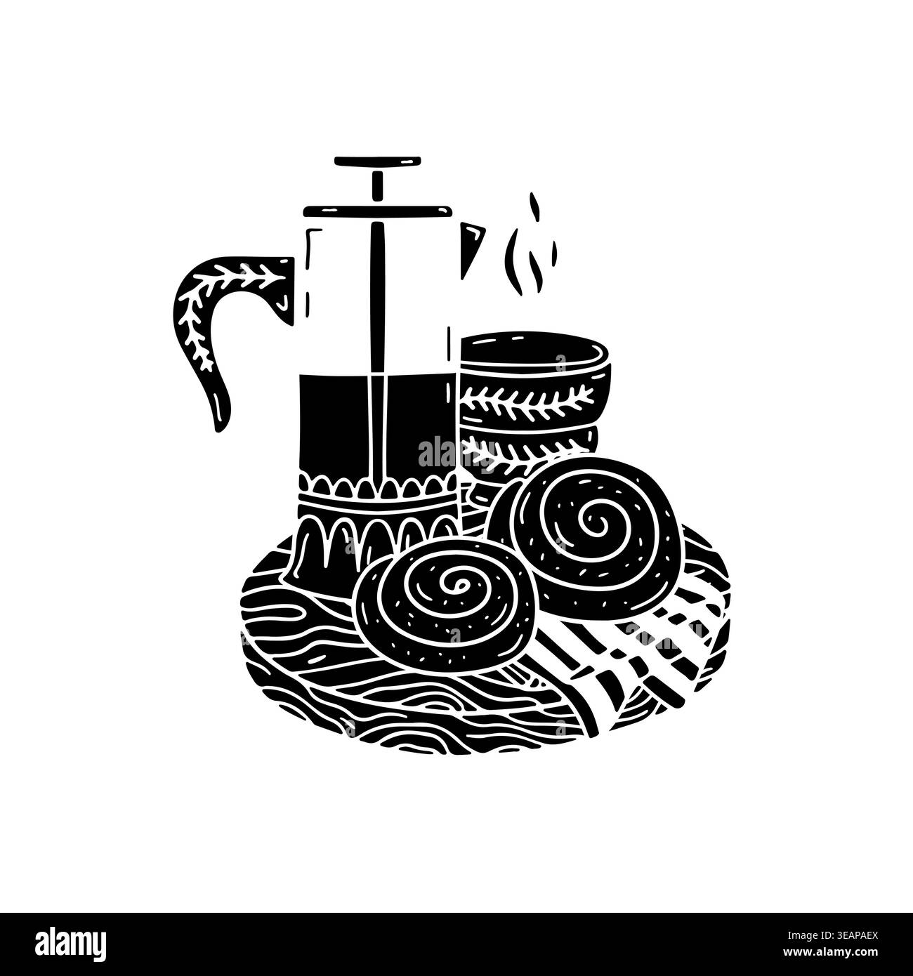 Tè o caffettiera disegnati a mano con rotoli di cannella su un vassoio di legno, icona vettoriale Illustrazione Vettoriale