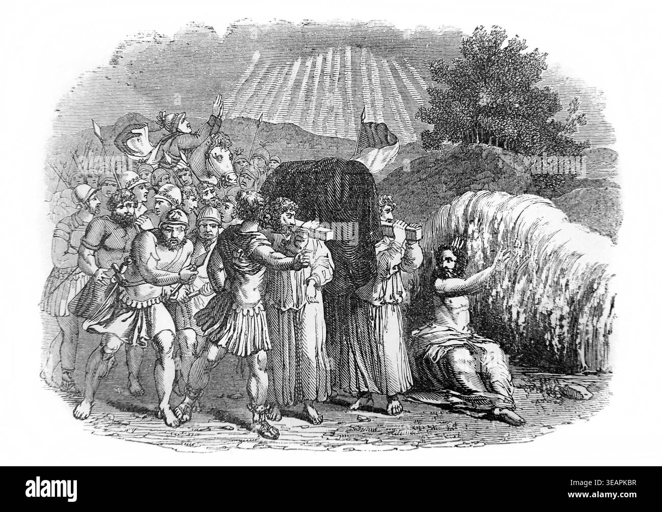 Incisione degli Israeliti e del passaggio del Giordano seguendo i sacerdoti che portavano l'Arca dell'Alleanza e mentre attraversavano il fiume essiccato Foto Stock