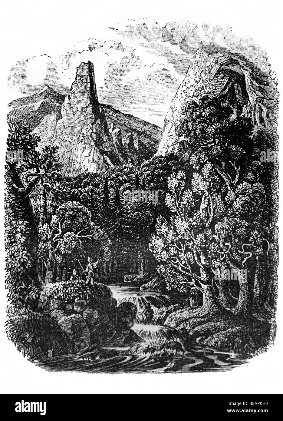 Incisione del fiume Santo (Nahr Quades) nella valle di Qadisha Libano da Cassas dal libro antico del XIX secolo The Illustrated Family Bible di John K Foto Stock