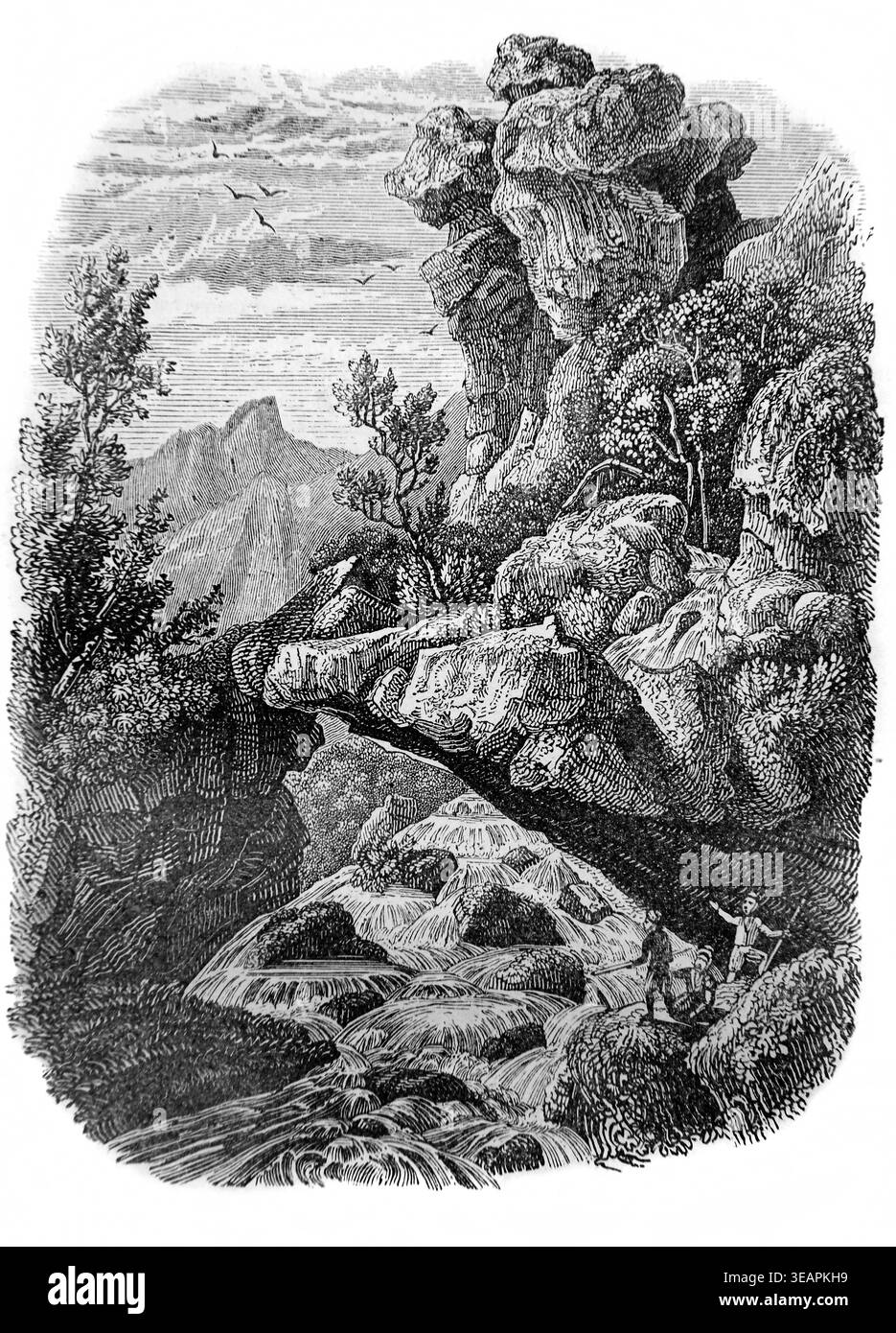 Incisione del fiume Santo (Nahr Quades) nella valle di Qadisha Libano da Cassas dal libro antico del XIX secolo The Illustrated Family Bible di John K Foto Stock